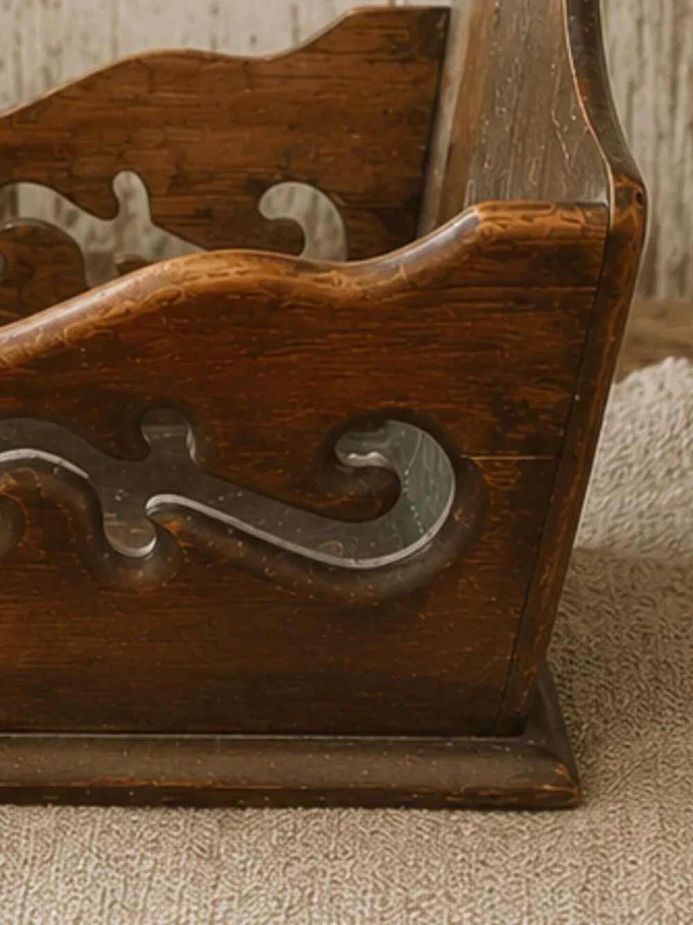 Vintage Primitive Handmade Wooden Basket With Intricate Cut-Out Details
